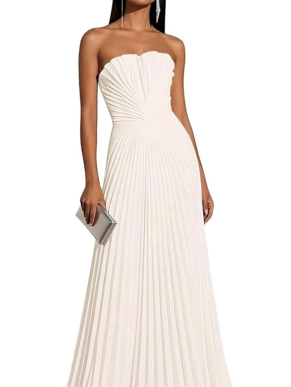 Strapless Pleated Evening Gown in Cream